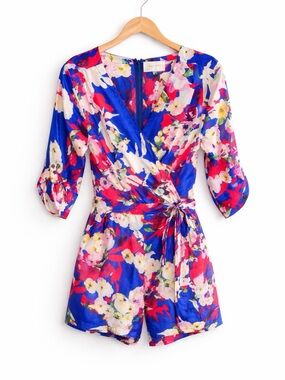 Yumi Kim - Liz Romper - 100% Silk - Blue Floral Wrap Tie Waist - Size Small